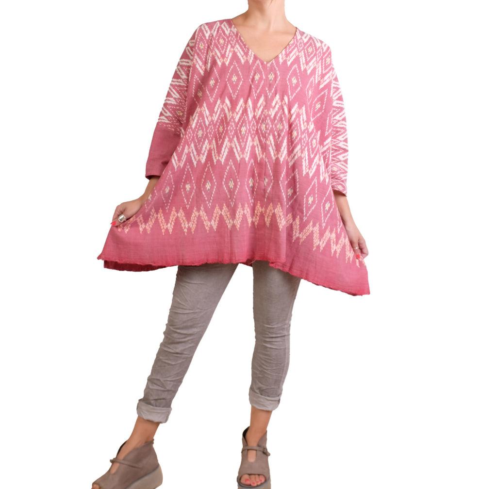 KQ One Size Red Cotton Ikat Top