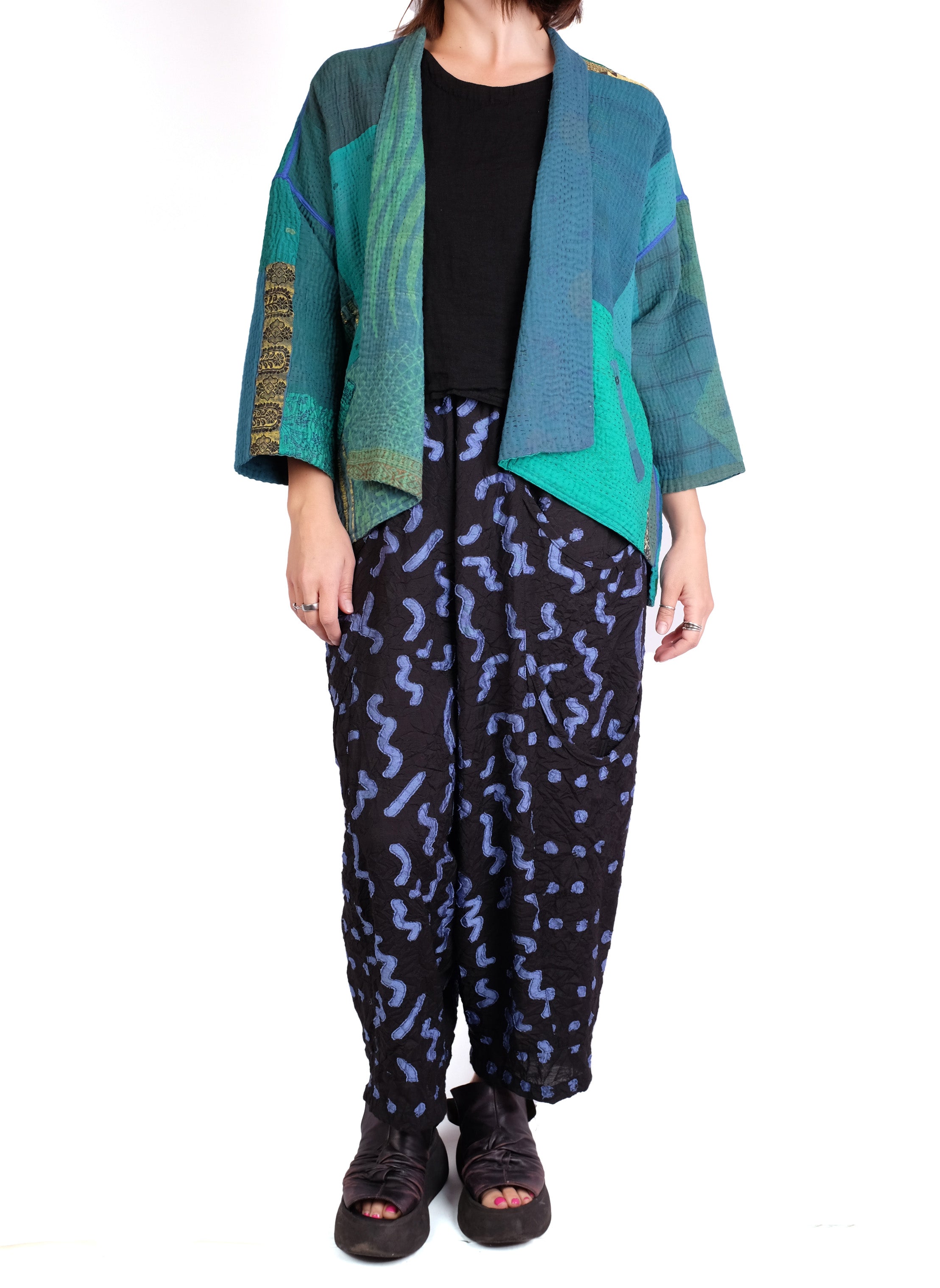 Mieko Mintz Cotton Silk Patch Kantha Mini Kimono Jacket