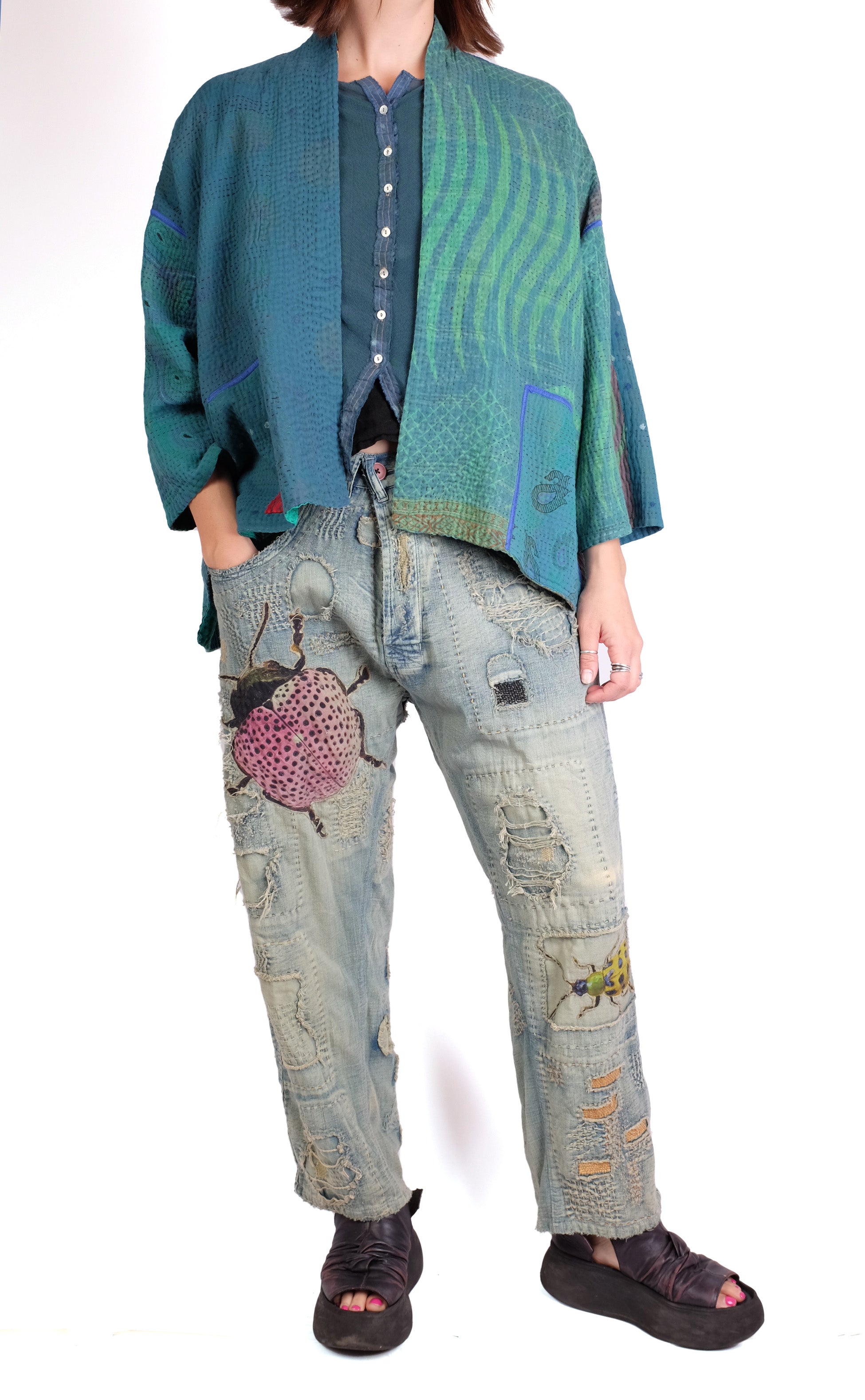 Mieko Mintz Cotton Silk Patch Kantha Mini Kimono Jacket