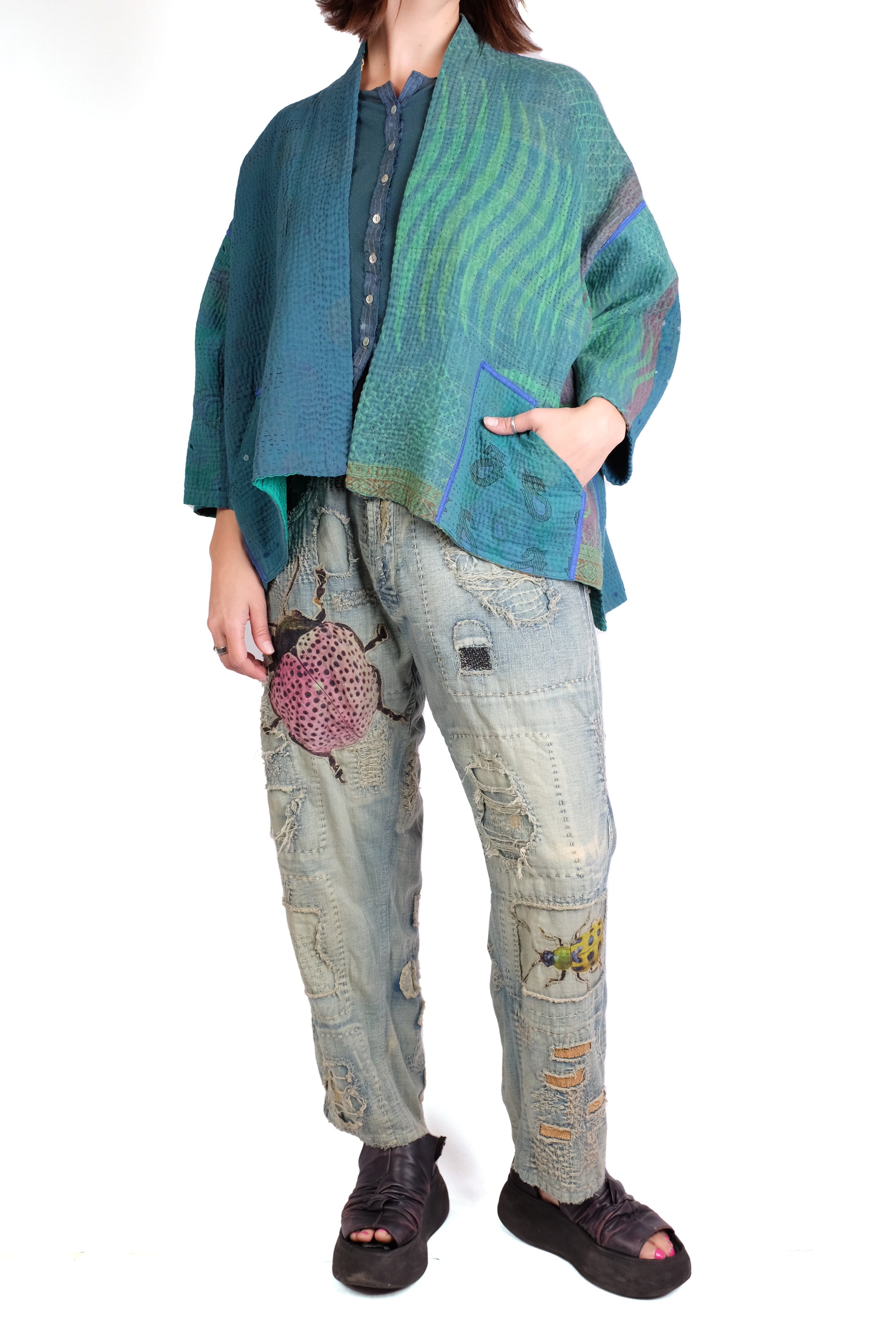 Mieko Mintz Cotton Silk Patch Kantha Mini Kimono Jacket