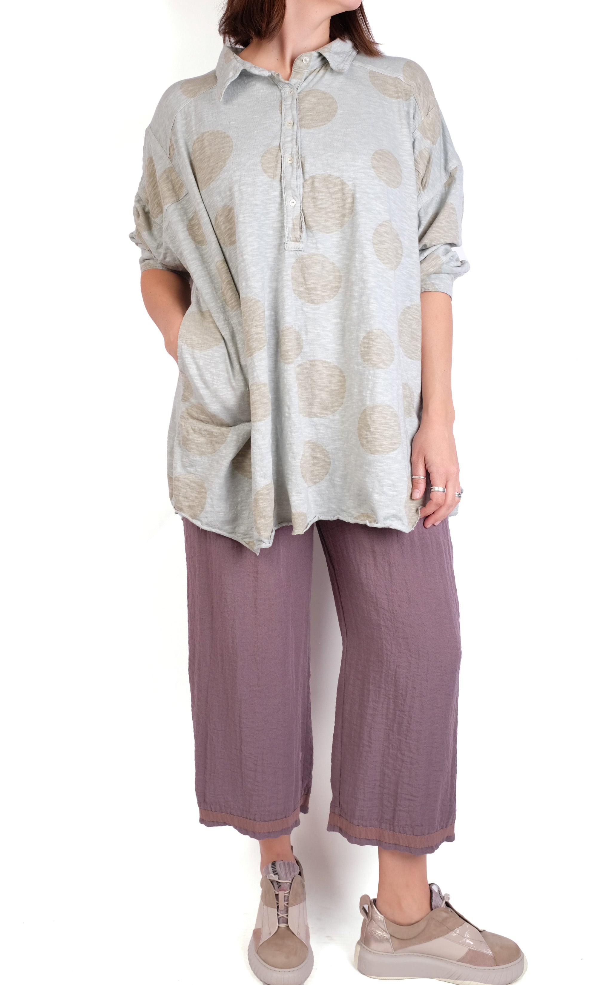 Krista Larson Henley Shirt in Pistachio Polka Dot Jersey