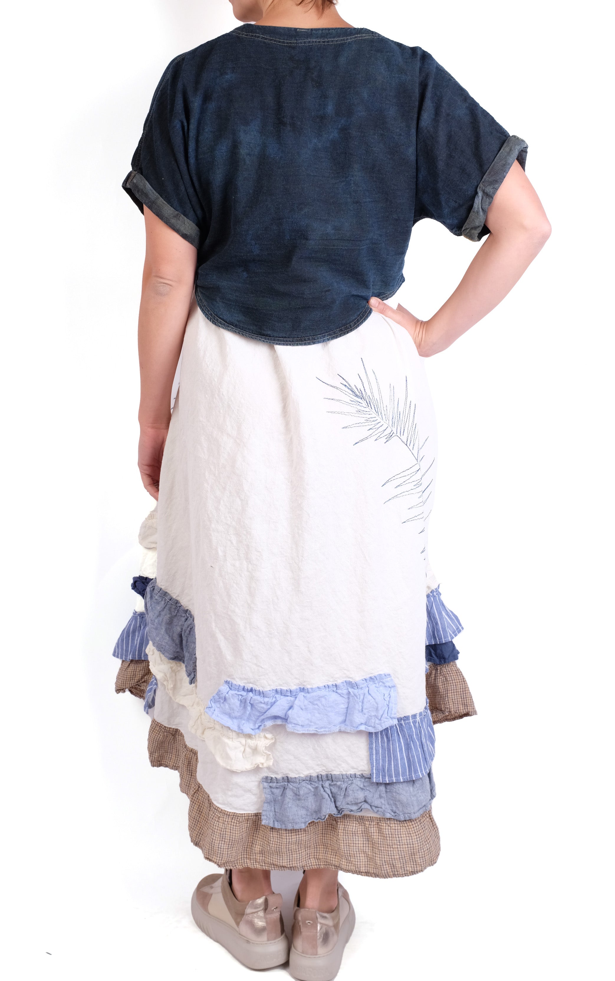 Mara Gibbucci Cream/Denim Ruffle Dress
