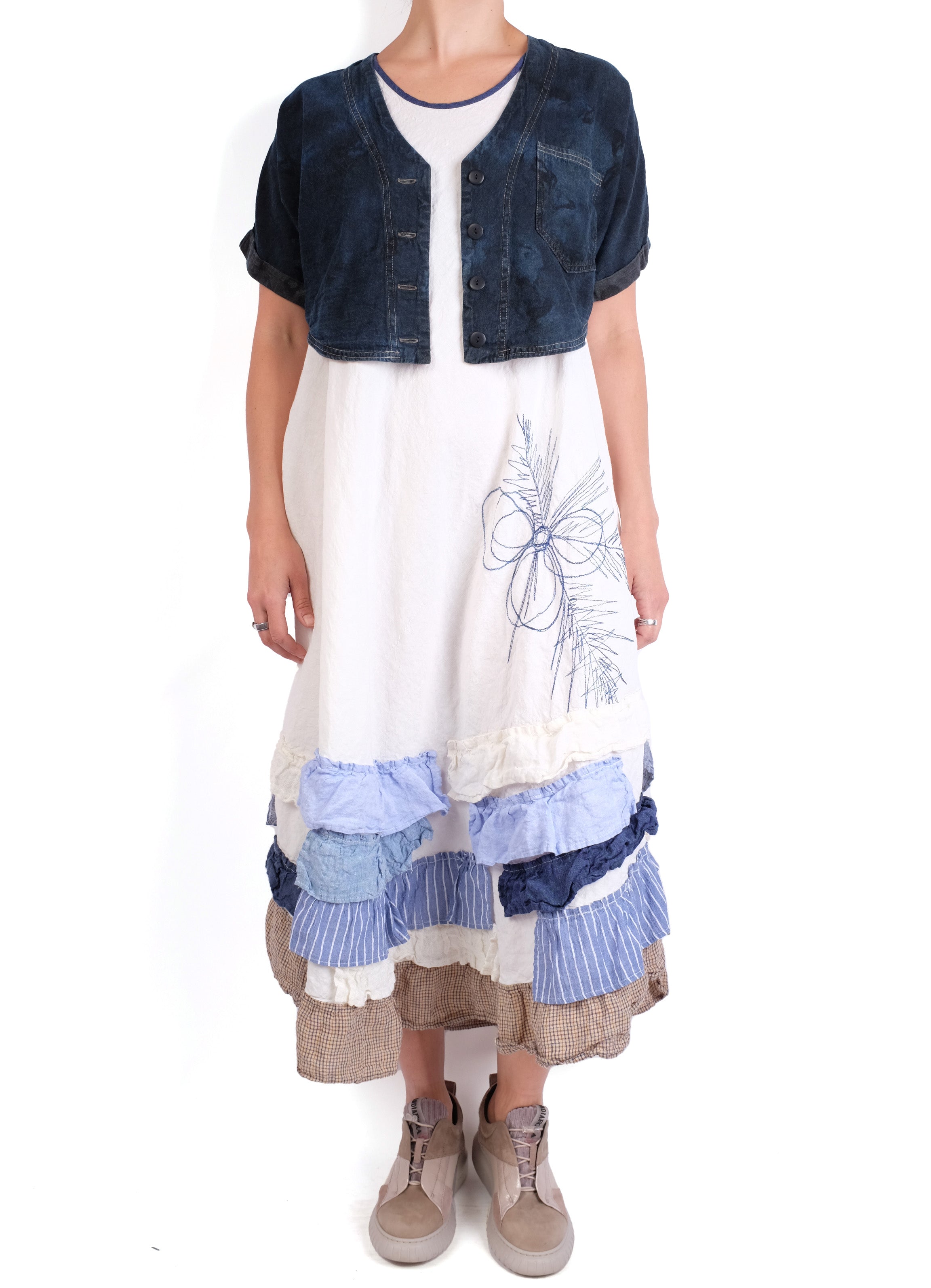 Mara Gibbucci Cream/Denim Ruffle Dress