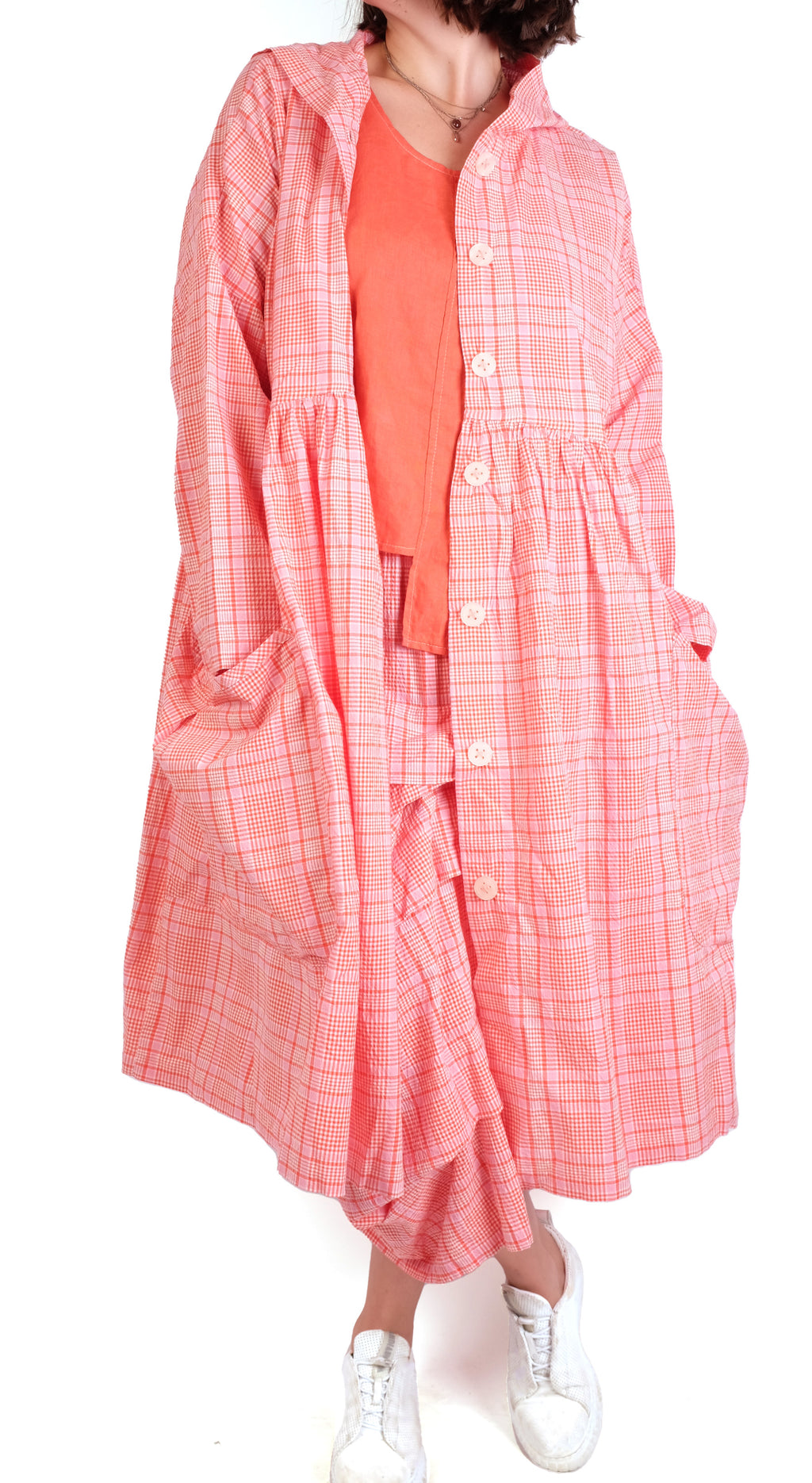 Dress To Kill Orange/Pink Plaid Hooded Duster