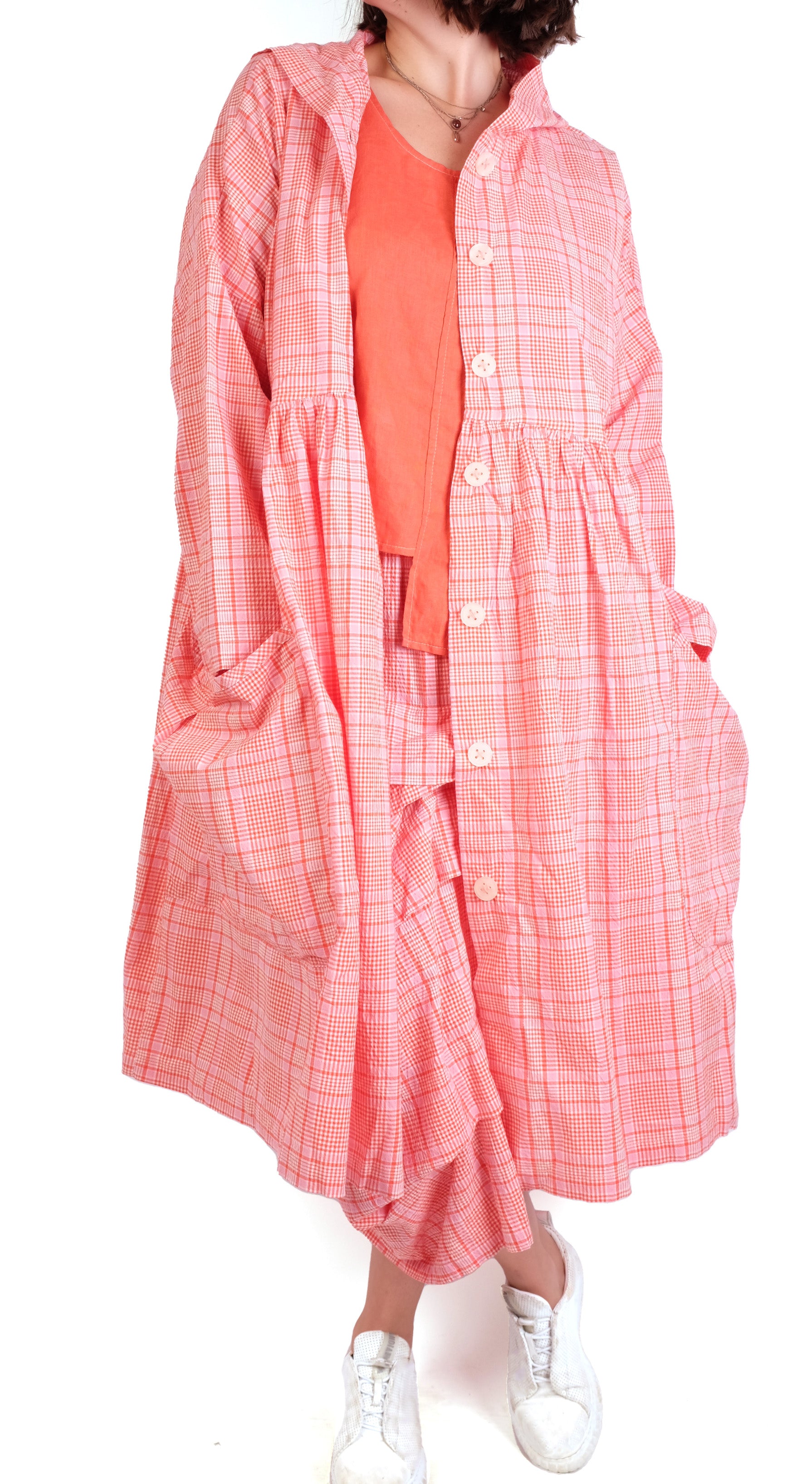 Dress To Kill Orange/Pink Plaid Hooded Duster