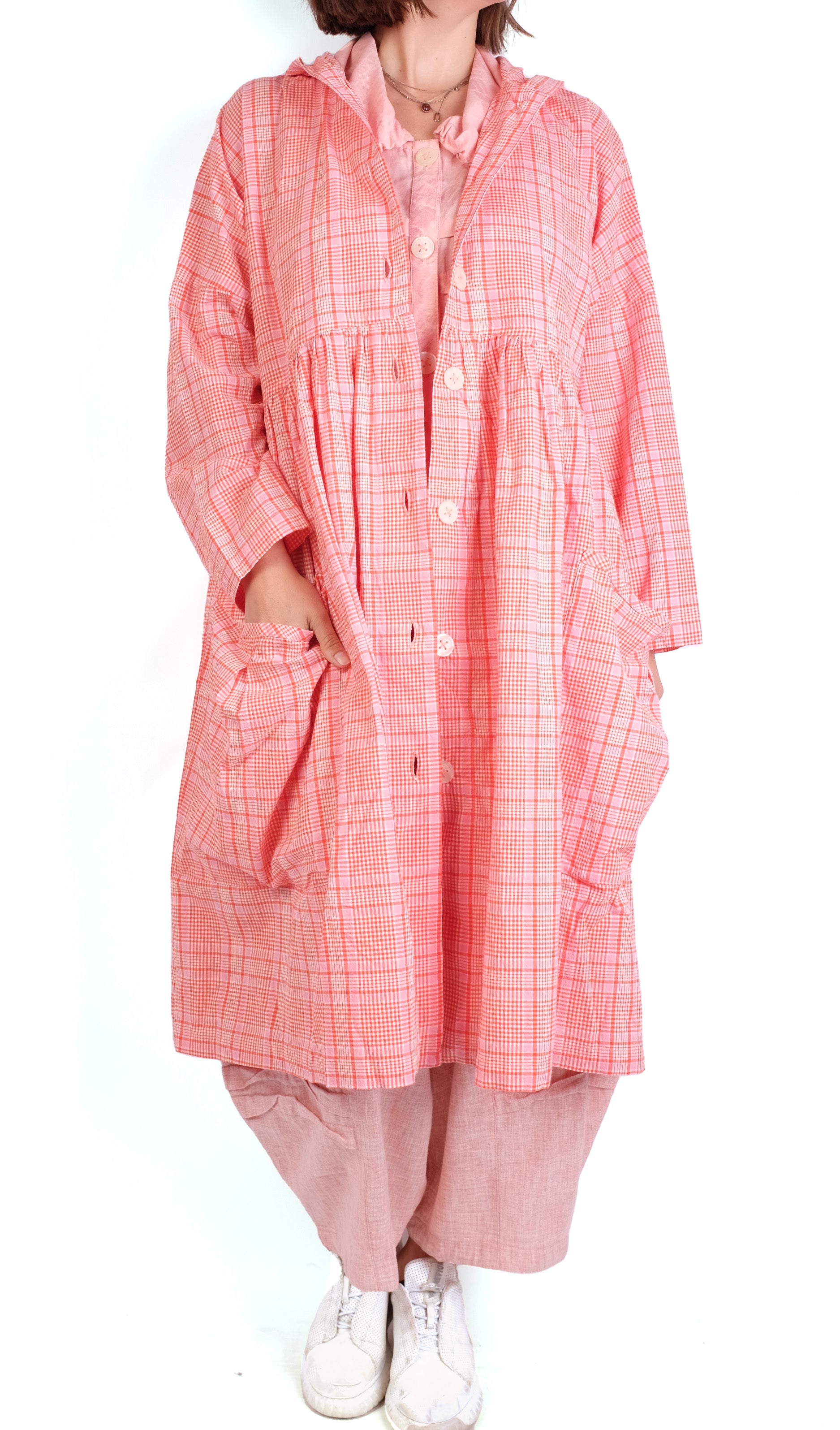 Dress To Kill Orange/Pink Plaid Hooded Duster
