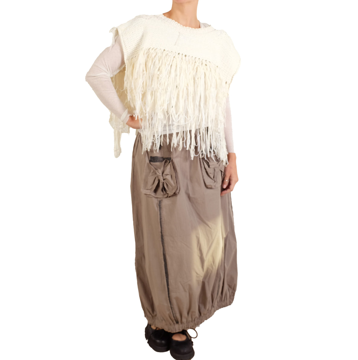 Loyko White Knit Fringe Shawl