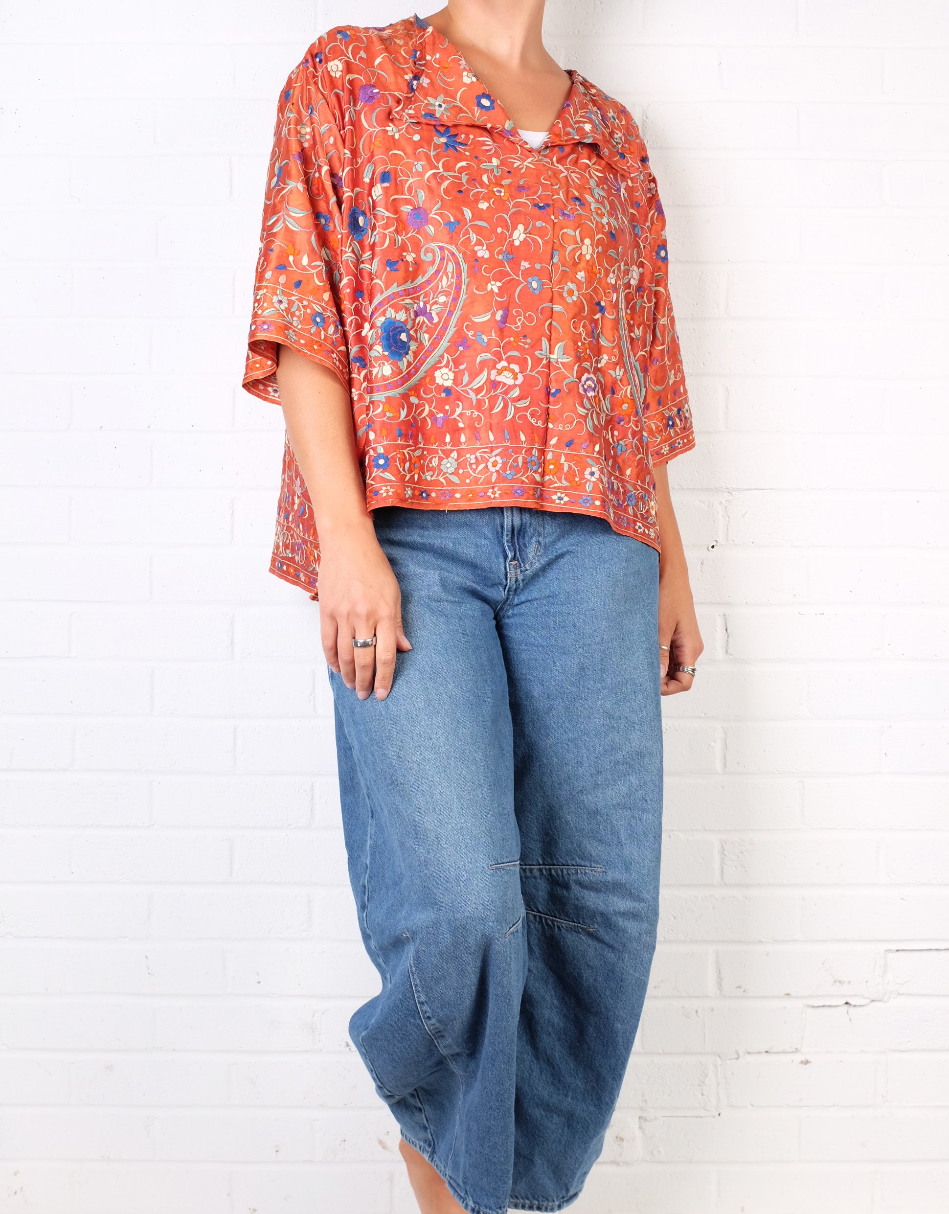 KQ Orange Floral Vintage Silk Top