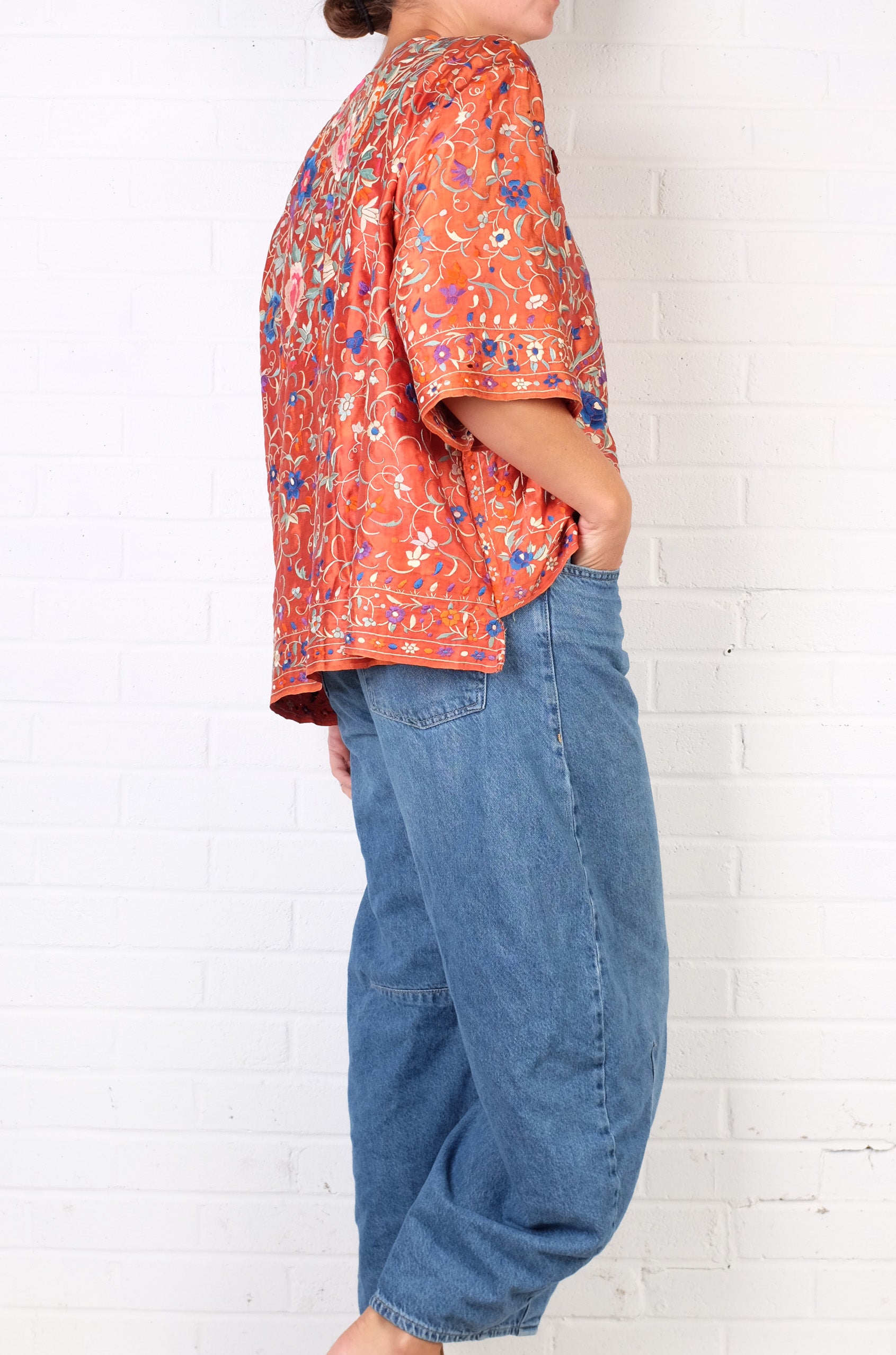 KQ Orange Floral Vintage Silk Top