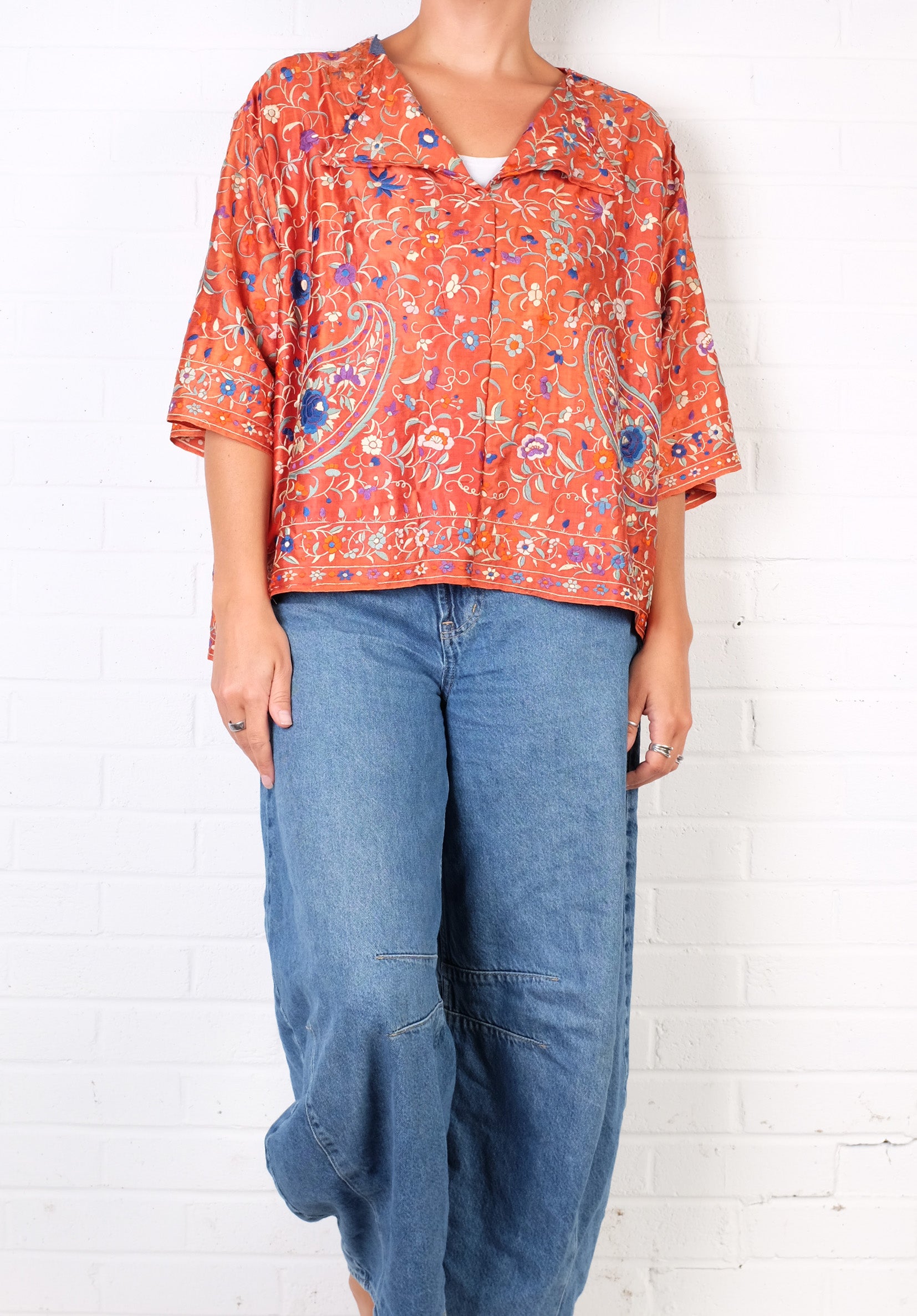 KQ Orange Floral Vintage Silk Top