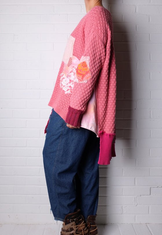 KQ One Size Pink Patchwork Sweater