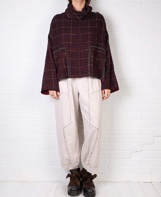Mieko Mintz Waffle Kantha Cowl Neck Poncho in Merlot/Red