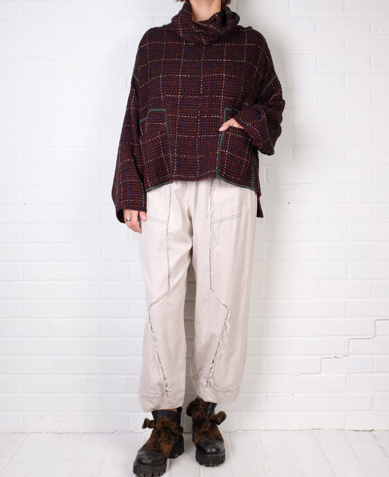 Mieko Mintz Waffle Kantha Cowl Neck Poncho in Merlot/Red