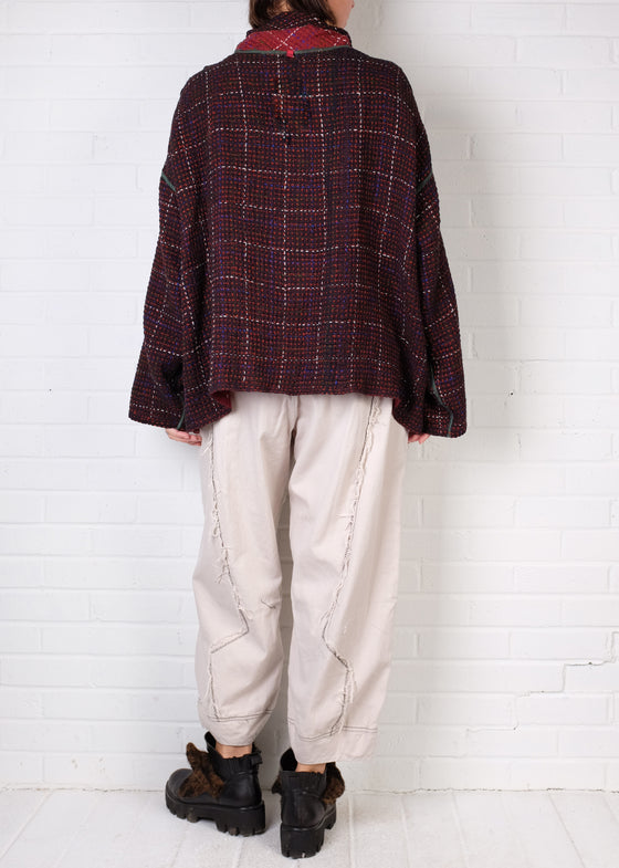 Mieko Mintz Waffle Kantha Cowl Neck Poncho in Merlot/Red