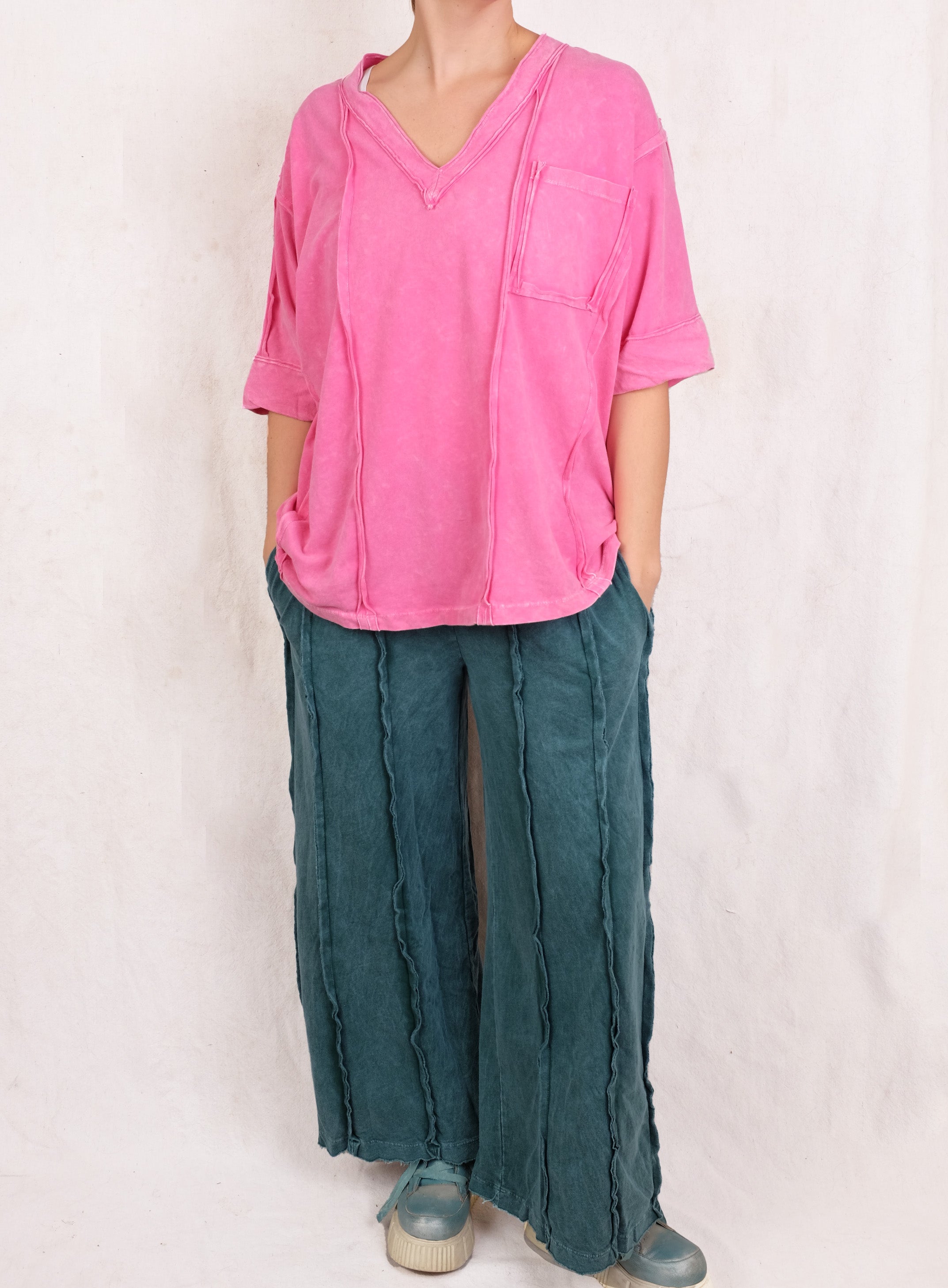 Hot Pink VNeck Raw Edge Tee