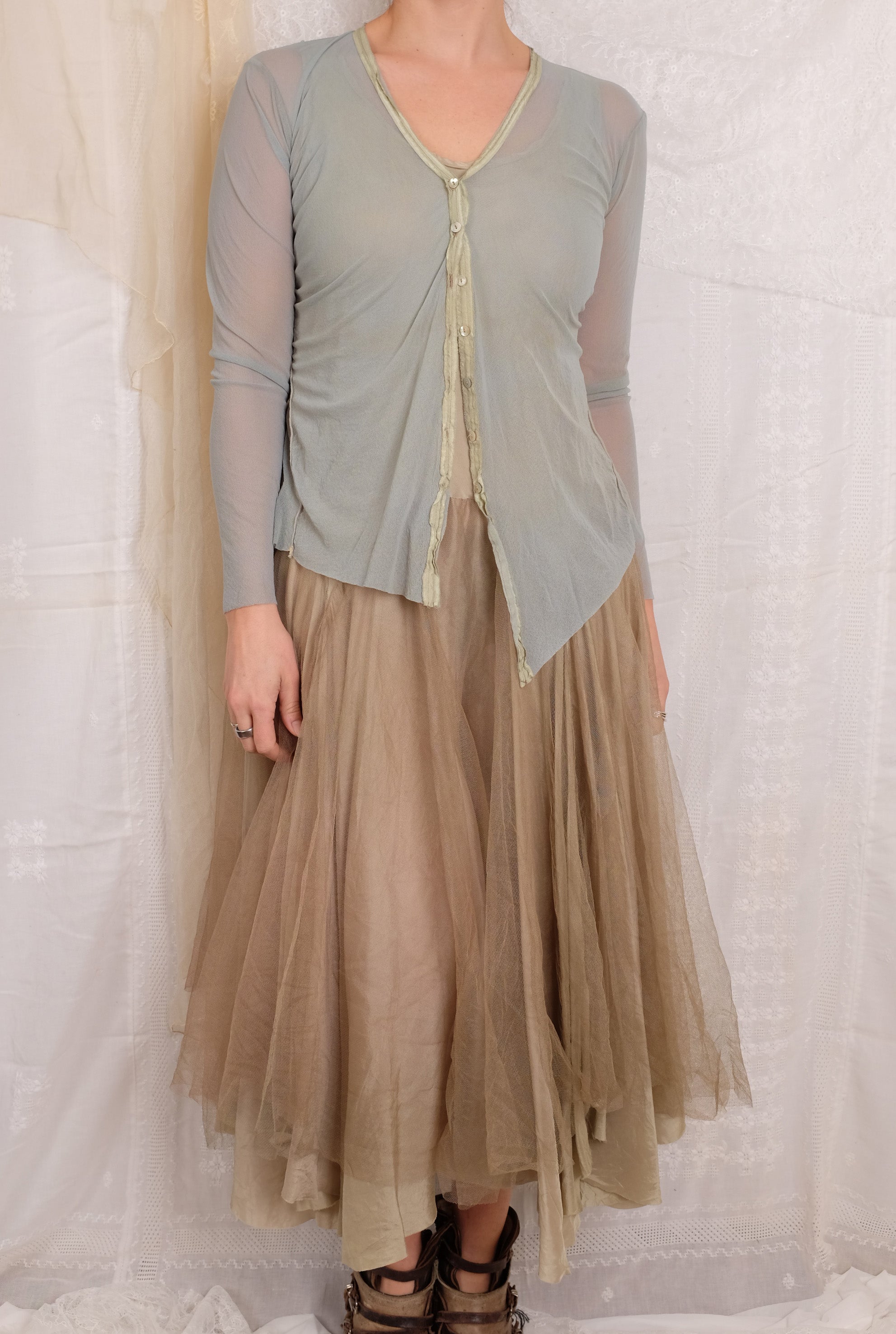 Robin Kaplan Mesh Cardigan with Insets in Sage