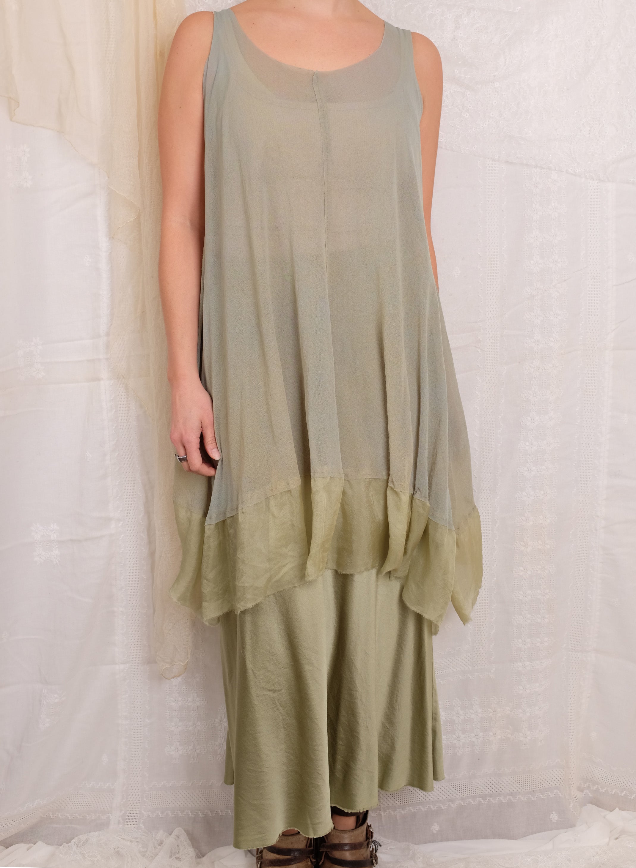 Robin Kaplan Trapeze Tunic with Silk Chiffon Border in Sage