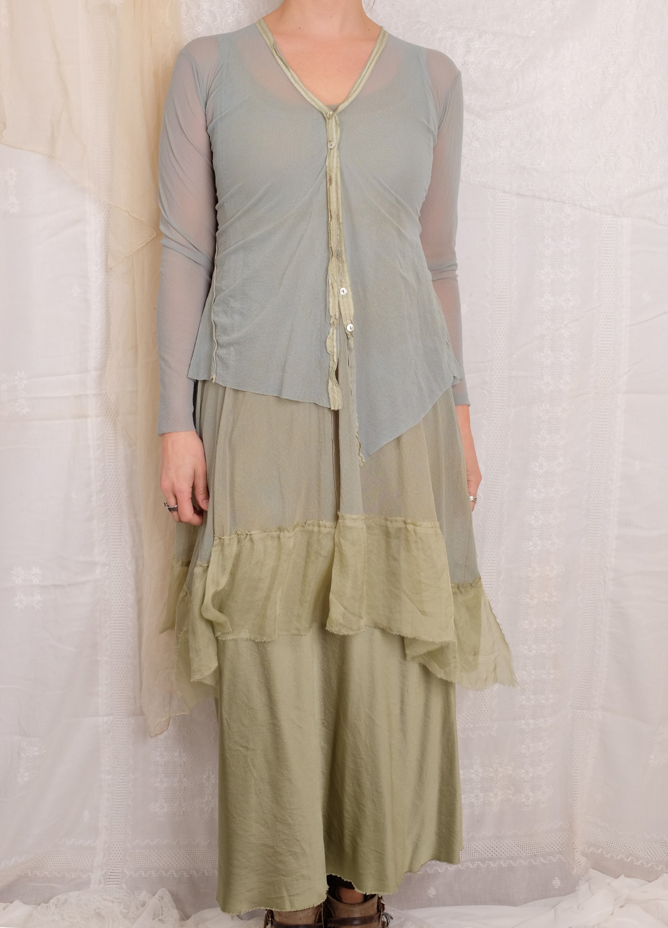 Robin Kaplan Mesh Cardigan with Insets in Sage