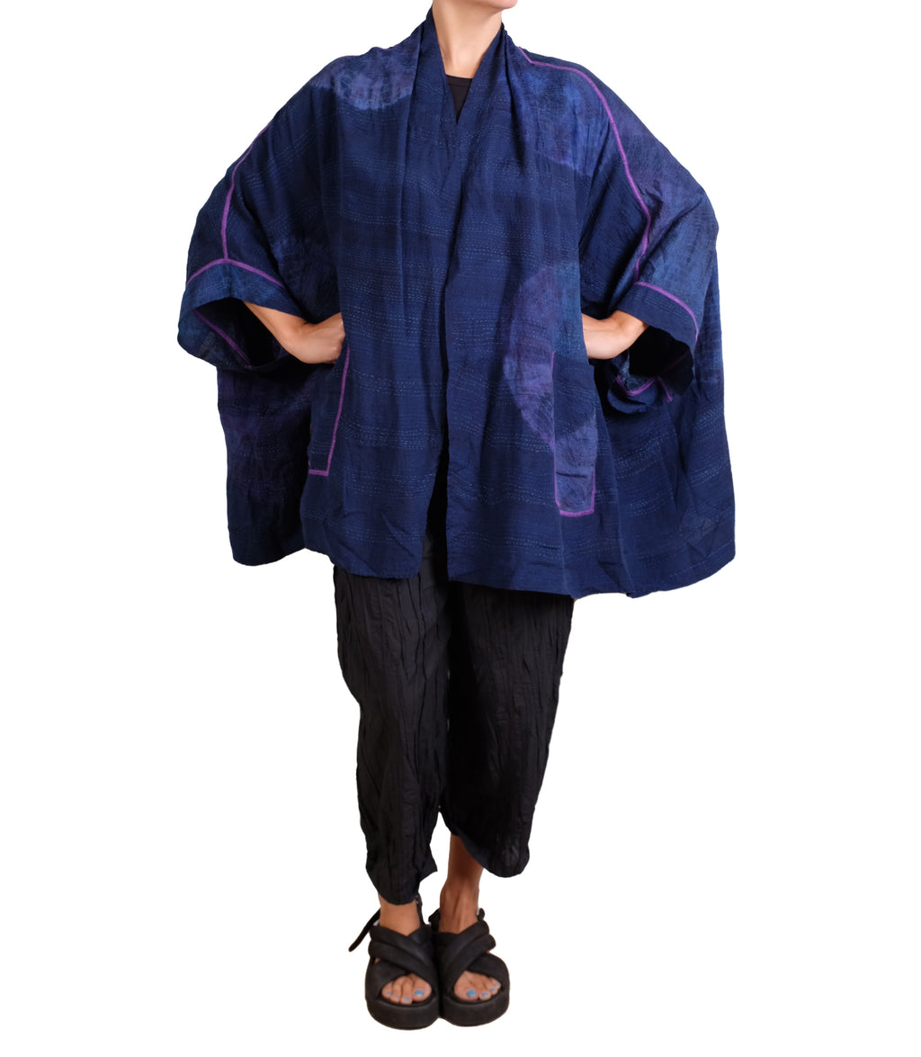 Mieko Mintz Navy Shibori Tie Dye Georgette Vintage Silk Patch Kantha Double Collar Poncho