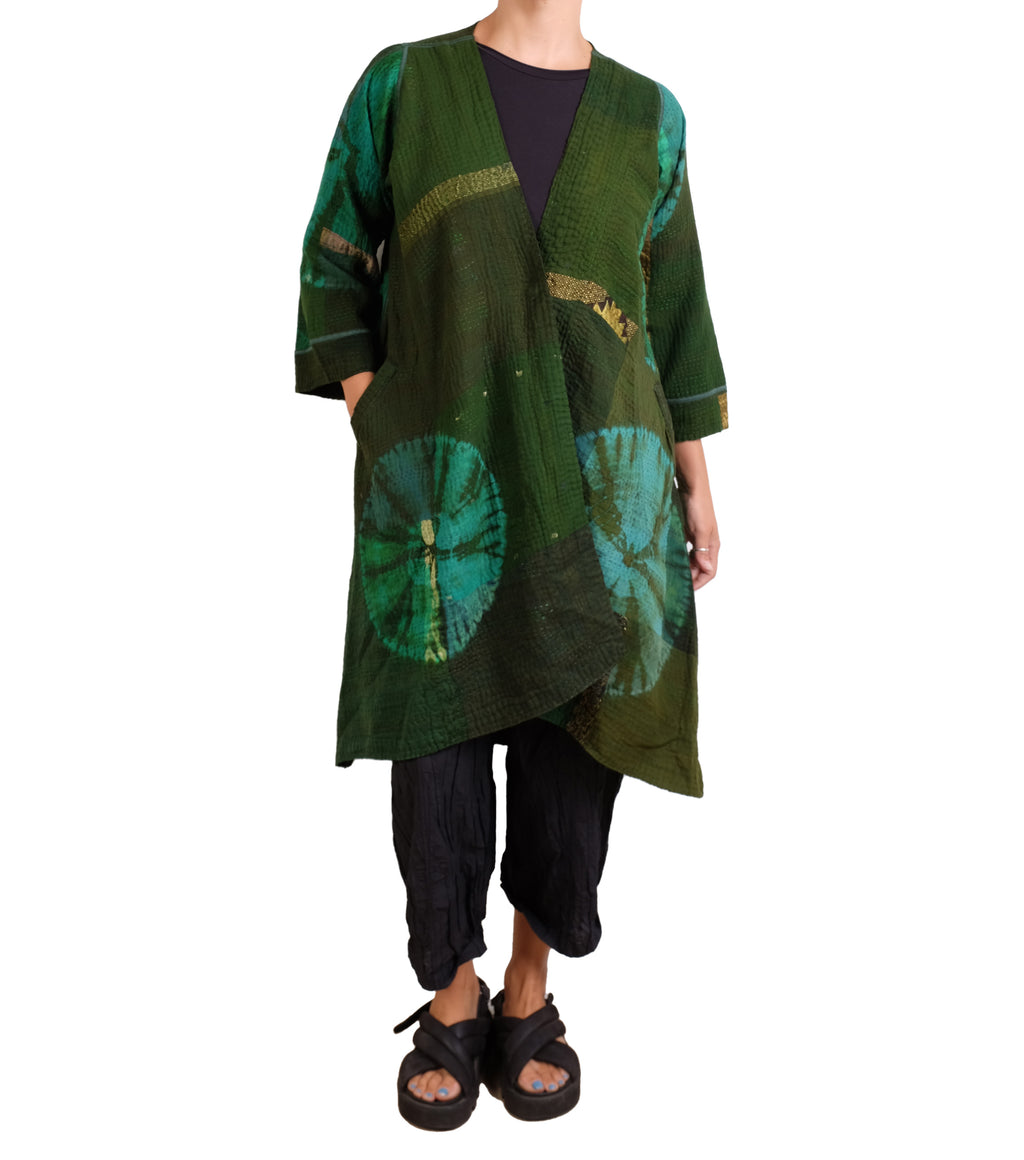 Mieko Mintz Cotton Silk Patch Kantha Wrap Flare Coat