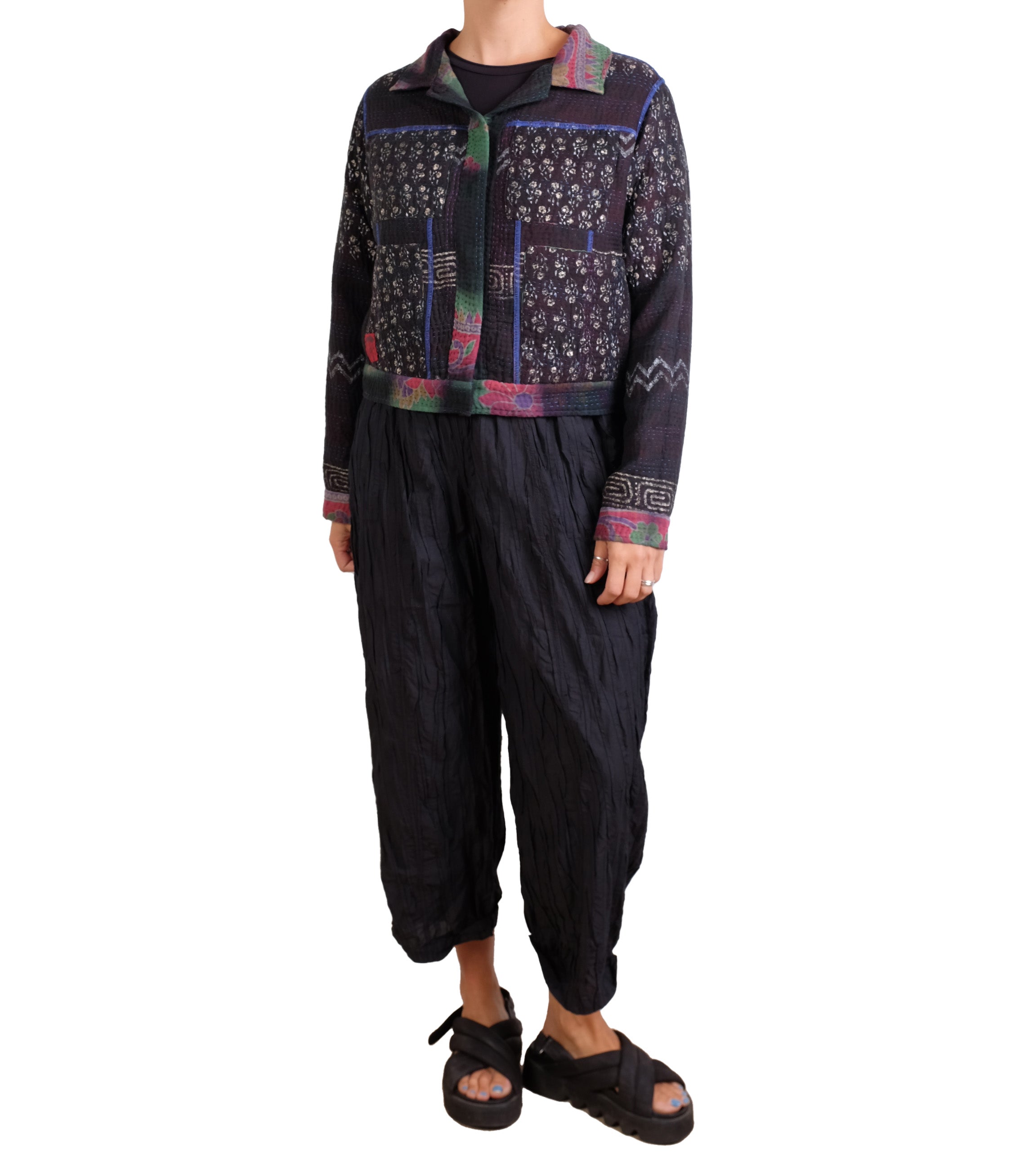 Mieko Mintz Vintage Cotton Grey Clamp Tie Dye Kantha Trucker Jacket