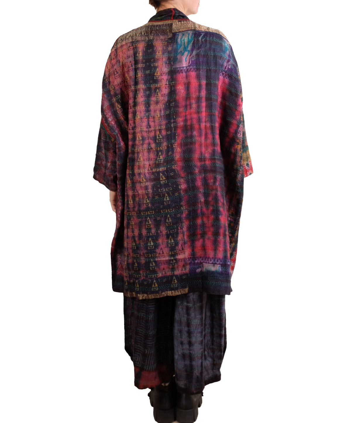 Mieko Mintz Tie Dye Vintage Silk Kantha New Kimono Long Wrap in Maroon