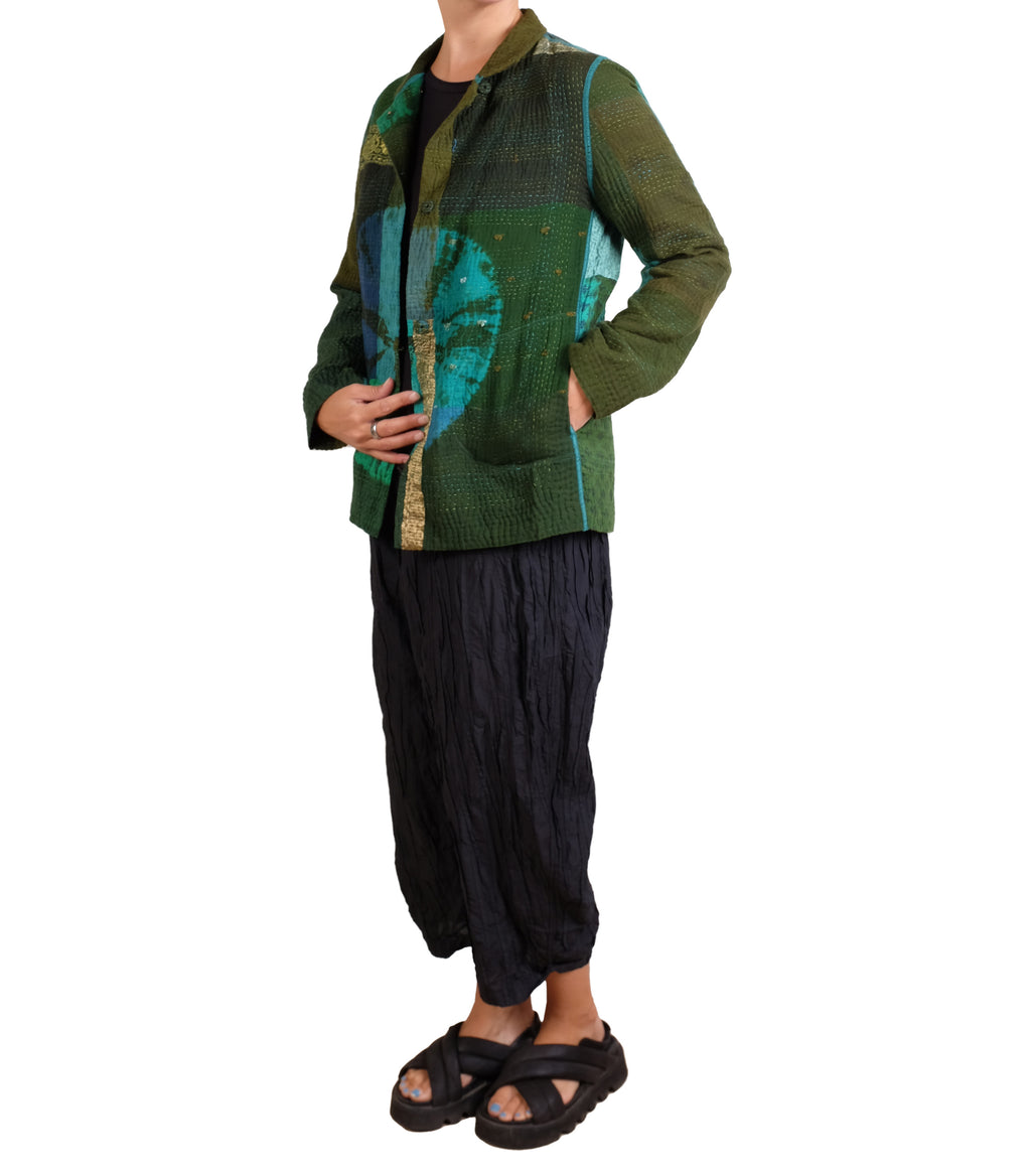 Mieko Mintz Olive Shibori Tie Dye Cotton Silk Patch Kantha Simple Jacket