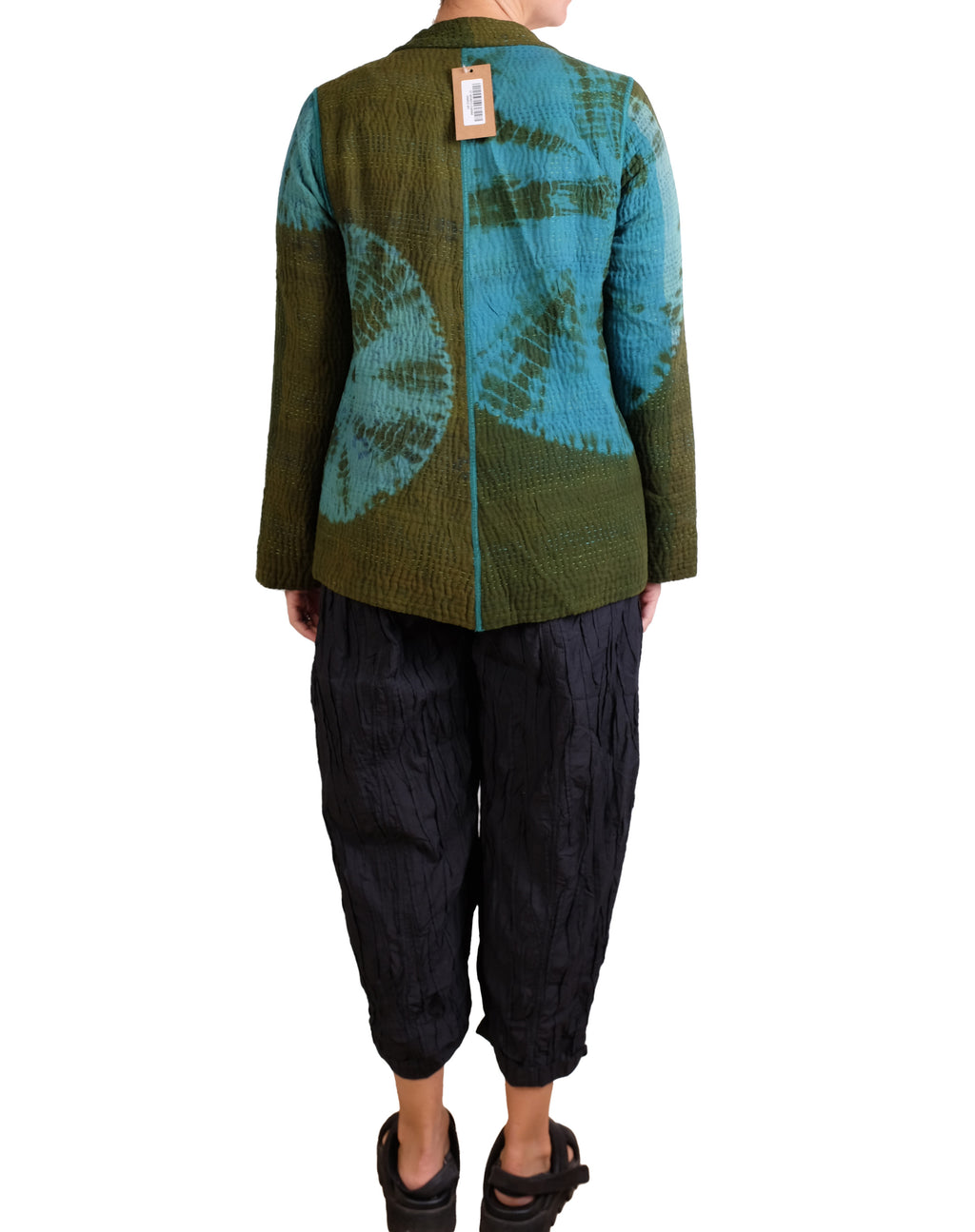 Mieko Mintz Olive Shibori Tie Dye Cotton Silk Patch Kantha Simple Jacket