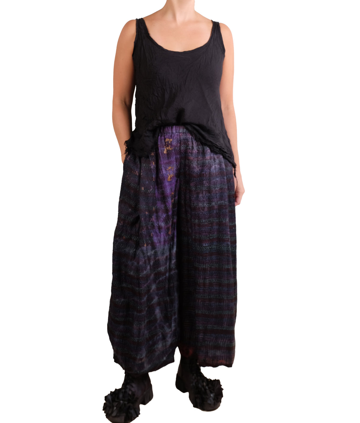 Mieko Mintz Tie Dye Vintage Silk Kantha Wide Leg Lantern Pant in Maroon