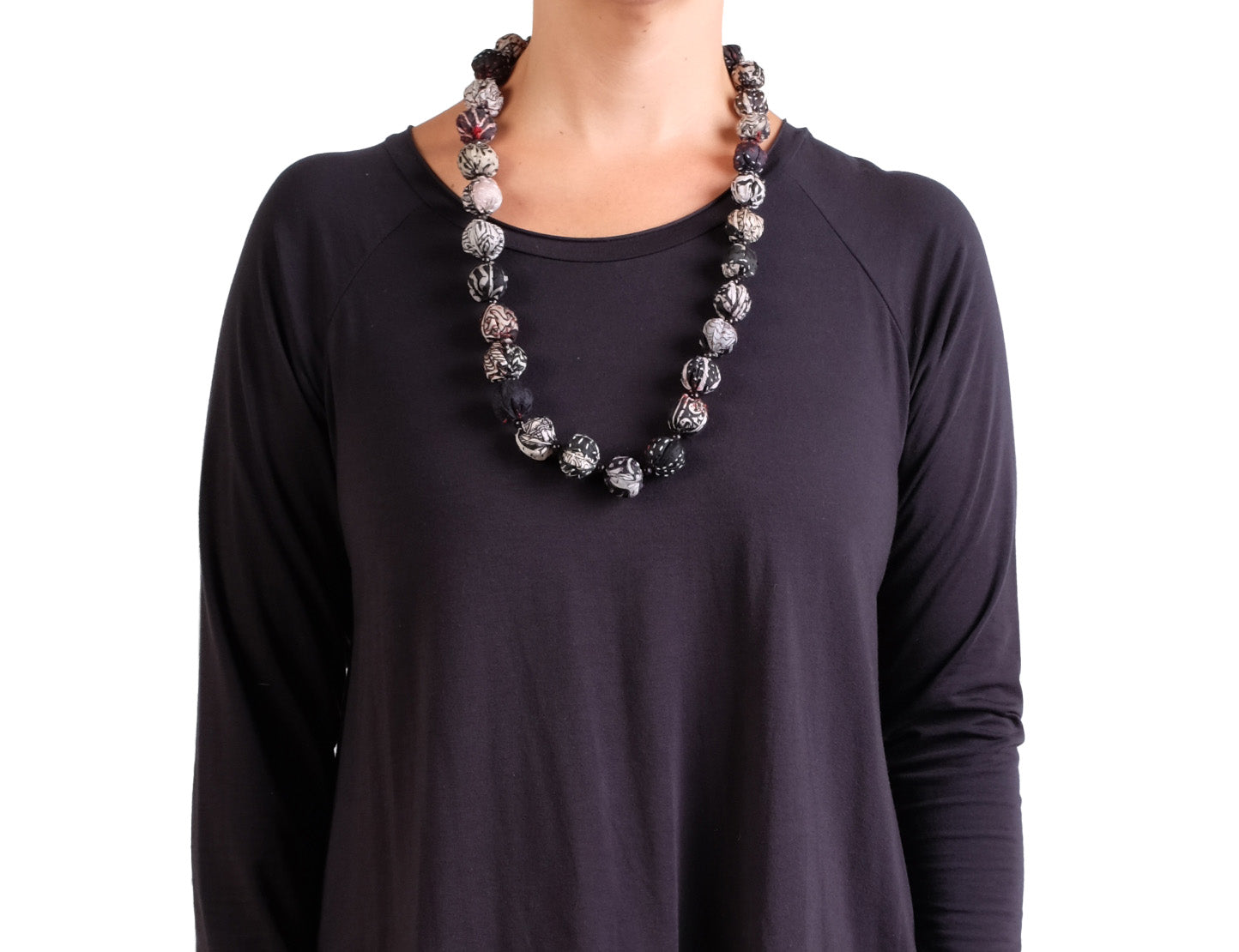 Mieko Mintz Vintage Silk Kantha Small Nuts Medium Necklace in Black/Cream/White