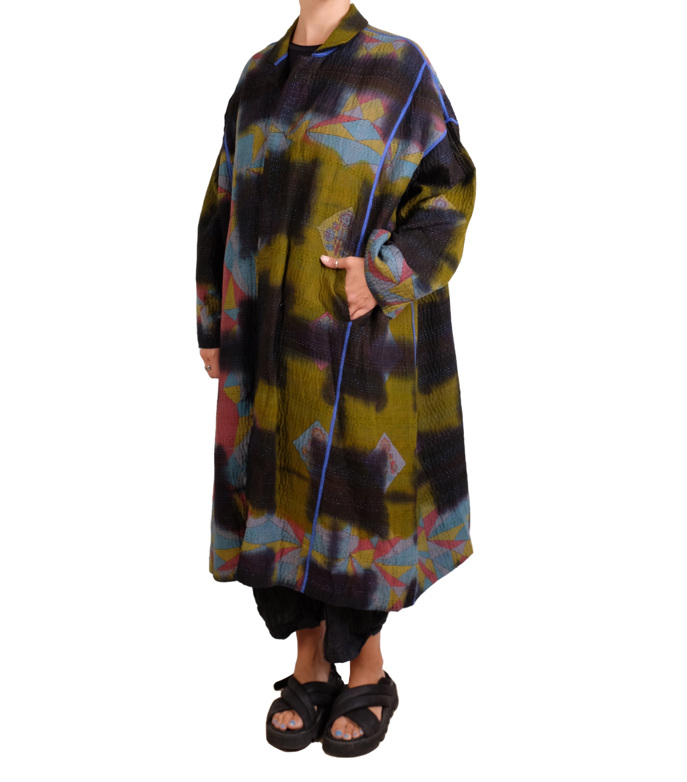 Mieko Mintz Vintage Cotton Grey Clamp Tie Dye Kantha New Oversized Coat