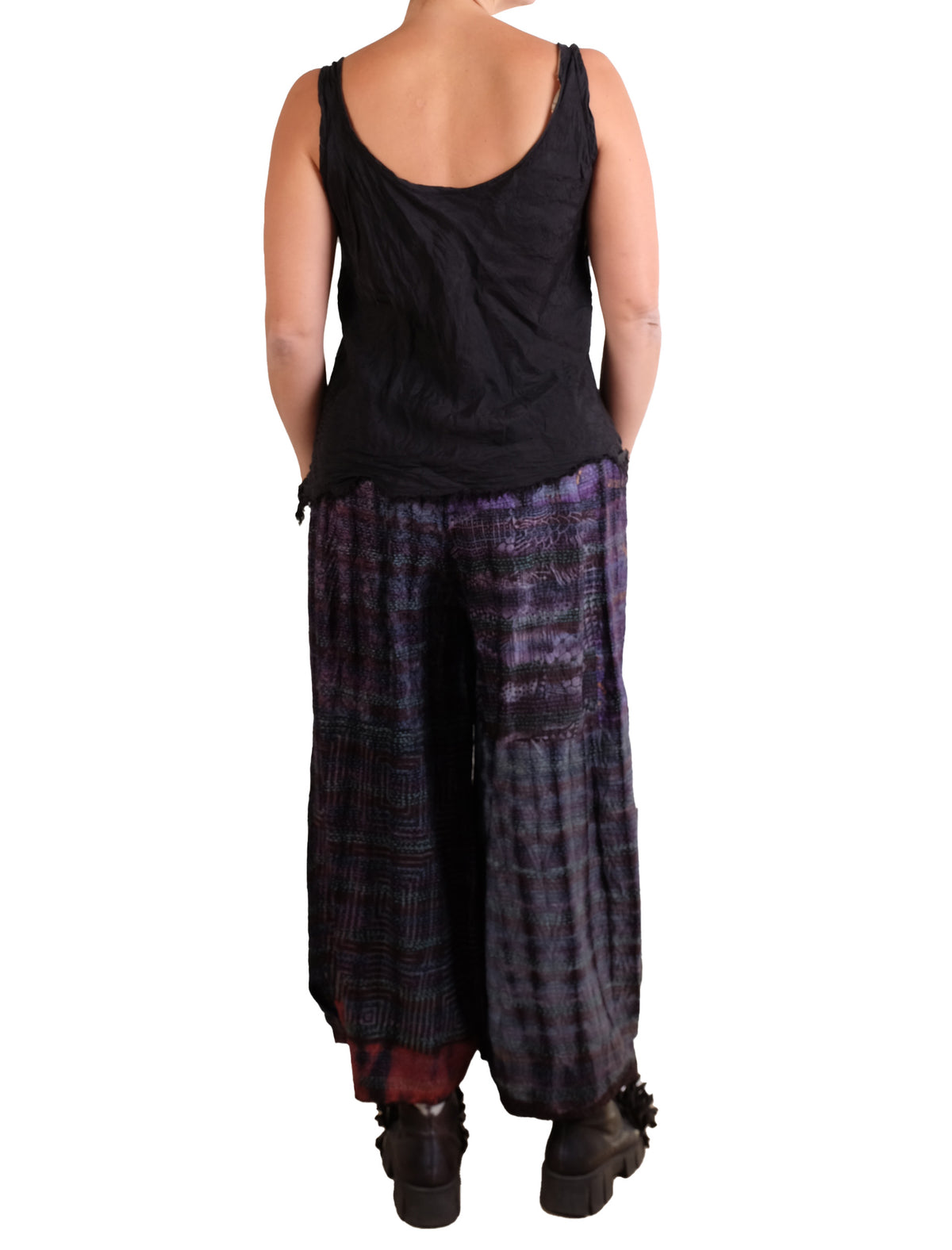 Mieko Mintz Tie Dye Vintage Silk Kantha Wide Leg Lantern Pant in Maroon