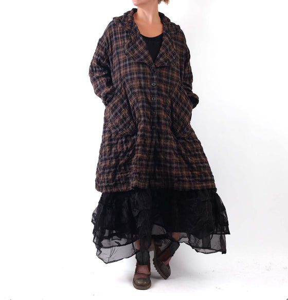 Krista Larson Breezy Coat in Black/Leather Plaid Cotton Twill