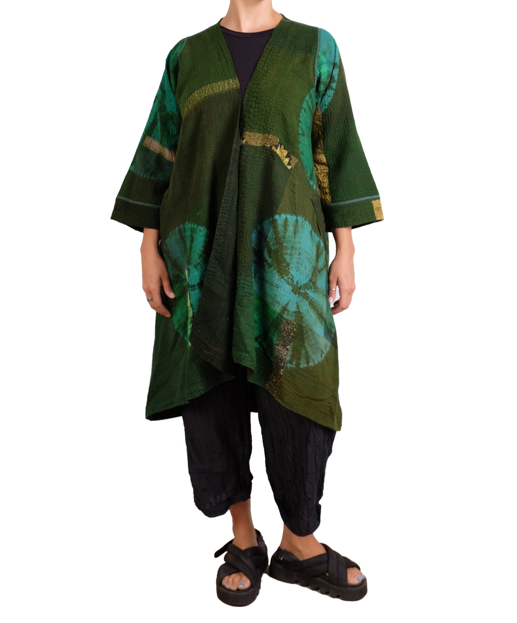 Mieko Mintz Cotton Silk Patch Kantha Wrap Flare Coat