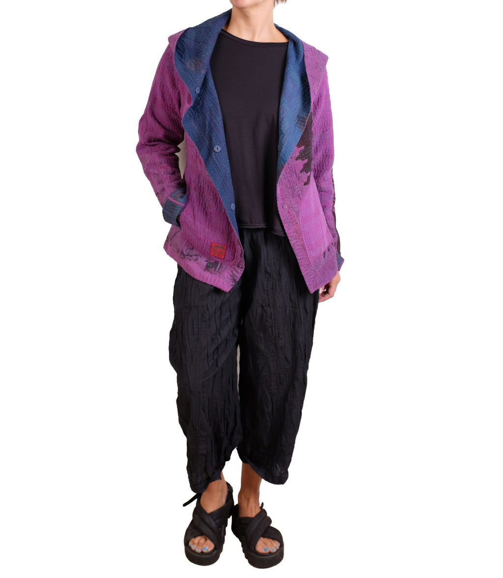 Mieko Mintz Navy & Purple Cotton Overdye Kantha Hoodie Jacket