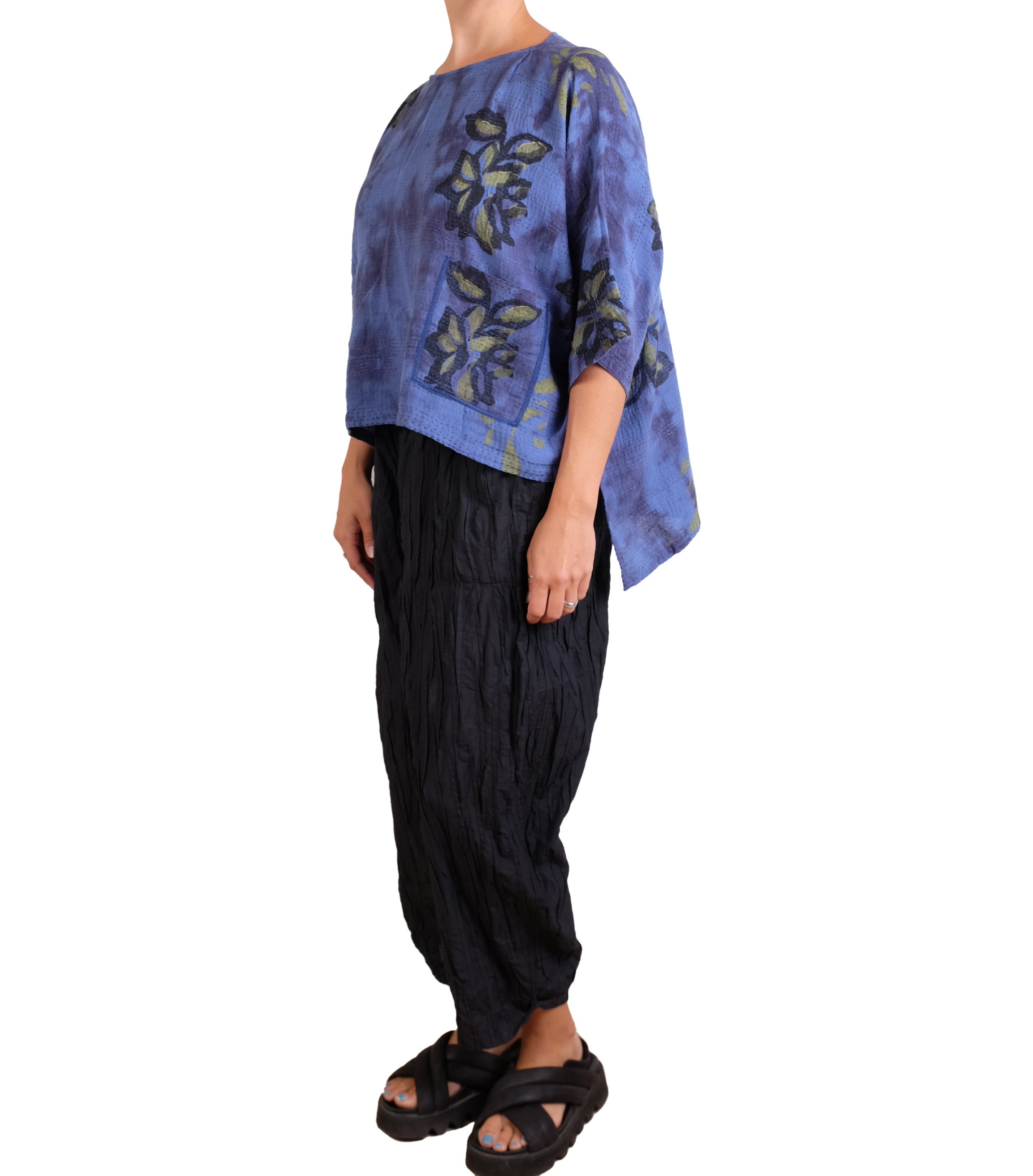 Mieko Mintz Cloud Tie Dye Floral Kantha Cropped Boat Neck Dolman Top