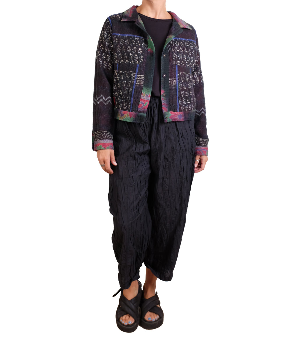 Mieko Mintz Vintage Cotton Grey Clamp Tie Dye Kantha Trucker Jacket