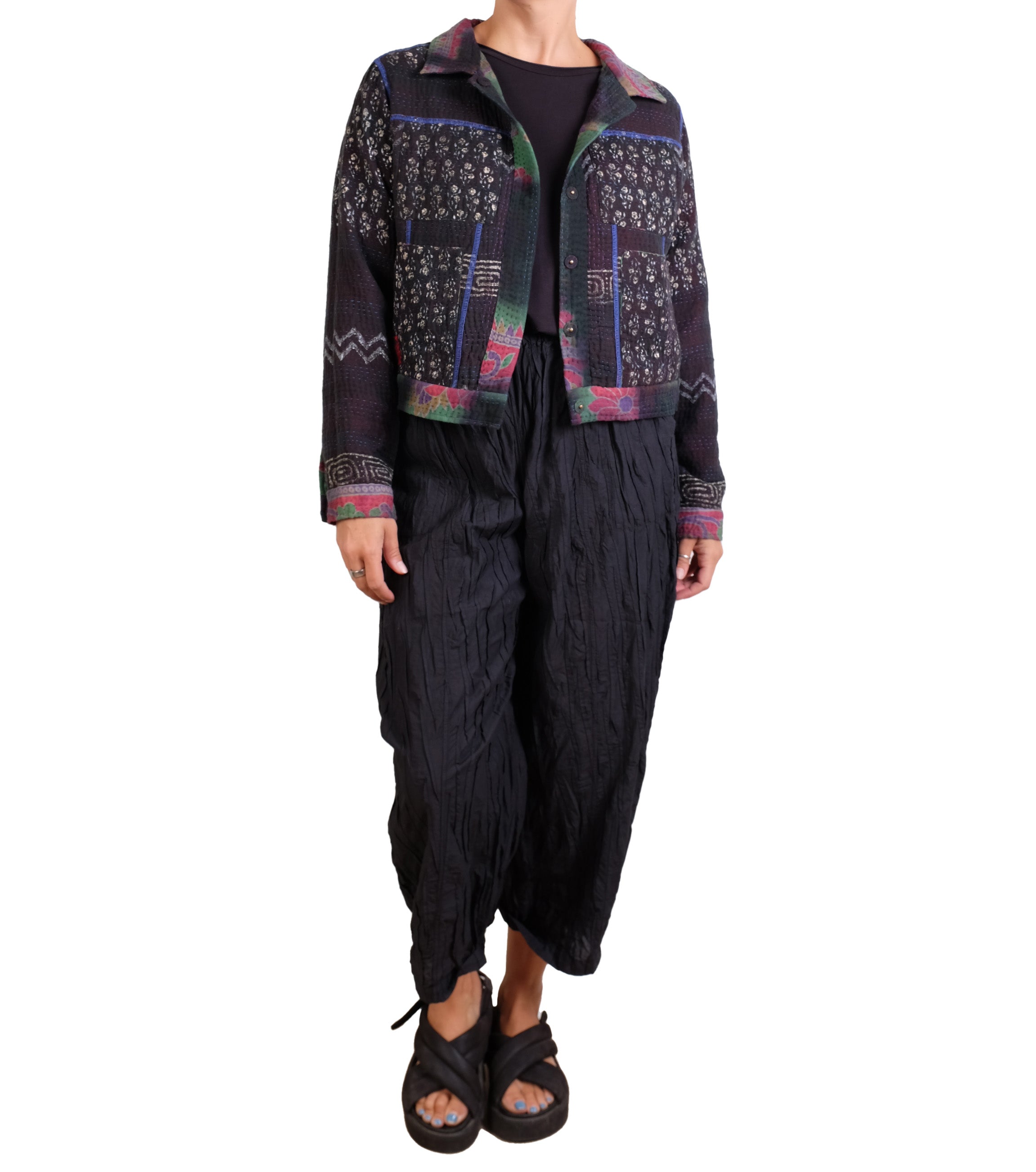 Mieko Mintz Vintage Cotton Grey Clamp Tie Dye Kantha Trucker Jacket