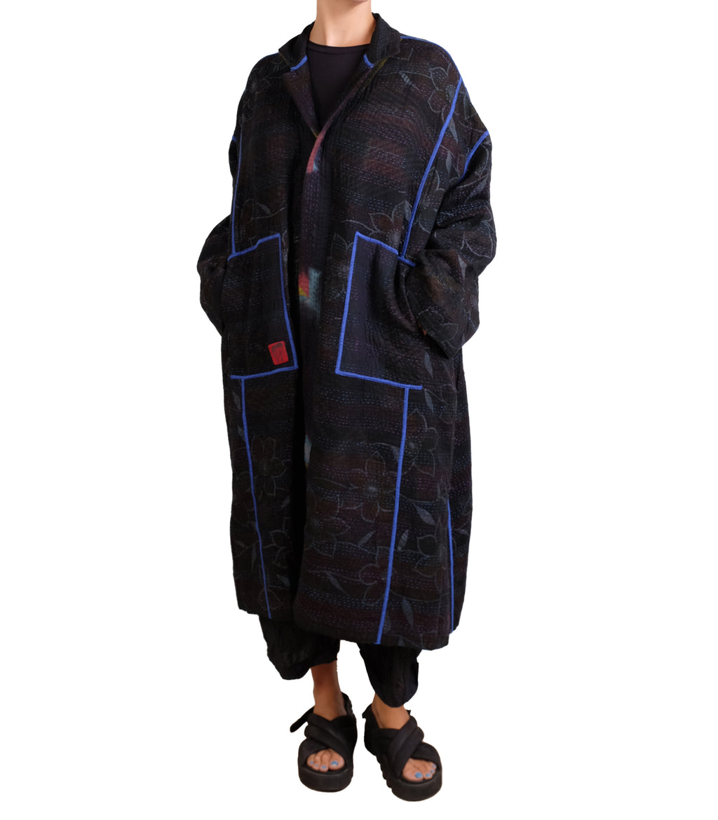 Mieko Mintz Vintage Cotton Grey Clamp Tie Dye Kantha New Oversized Coat