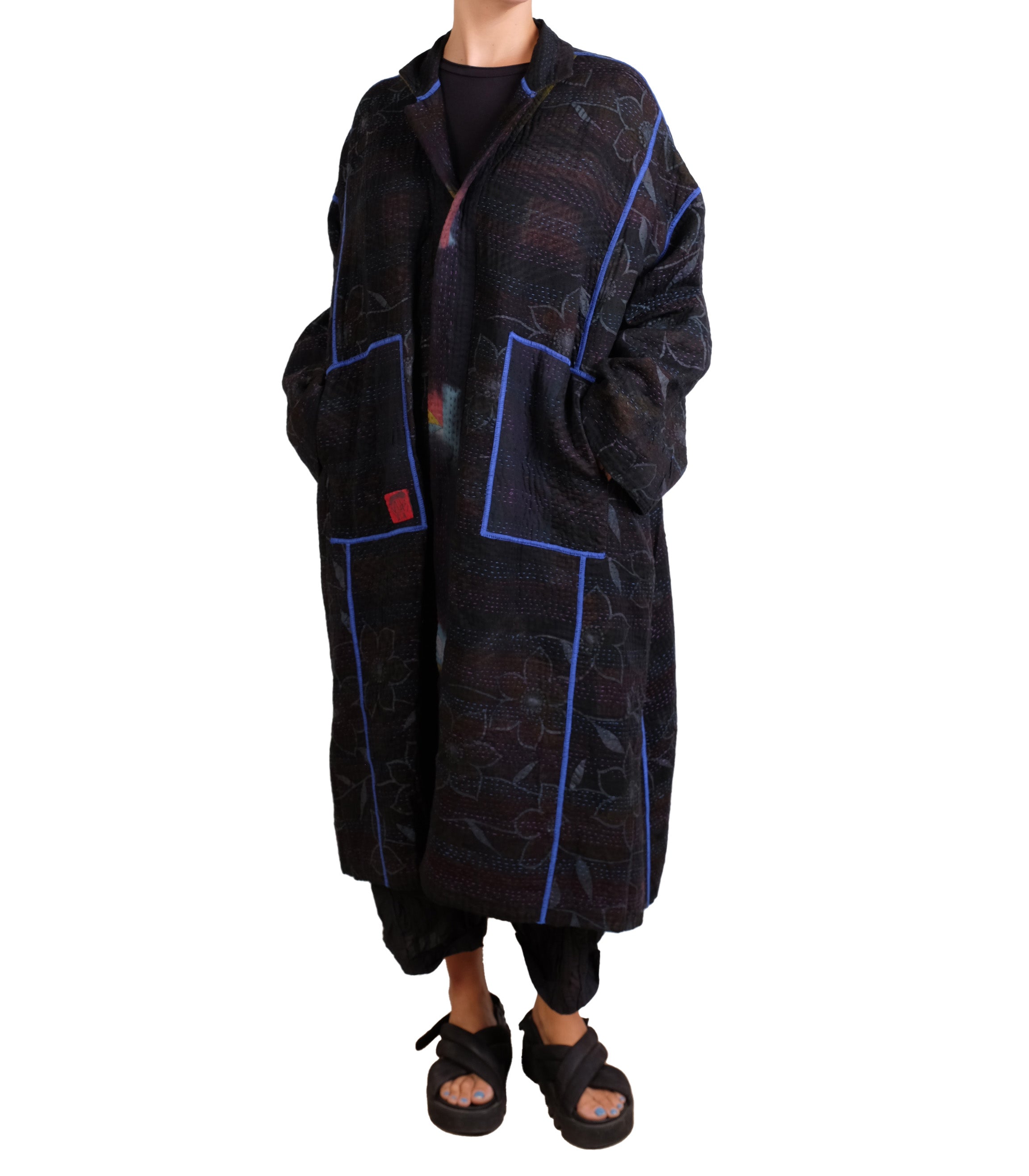Mieko Mintz Vintage Cotton Grey Clamp Tie Dye Kantha New Oversized Coat