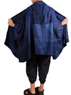 Mieko Mintz Navy Shibori Tie Dye Georgette Vintage Silk Patch Kantha Double Collar Poncho