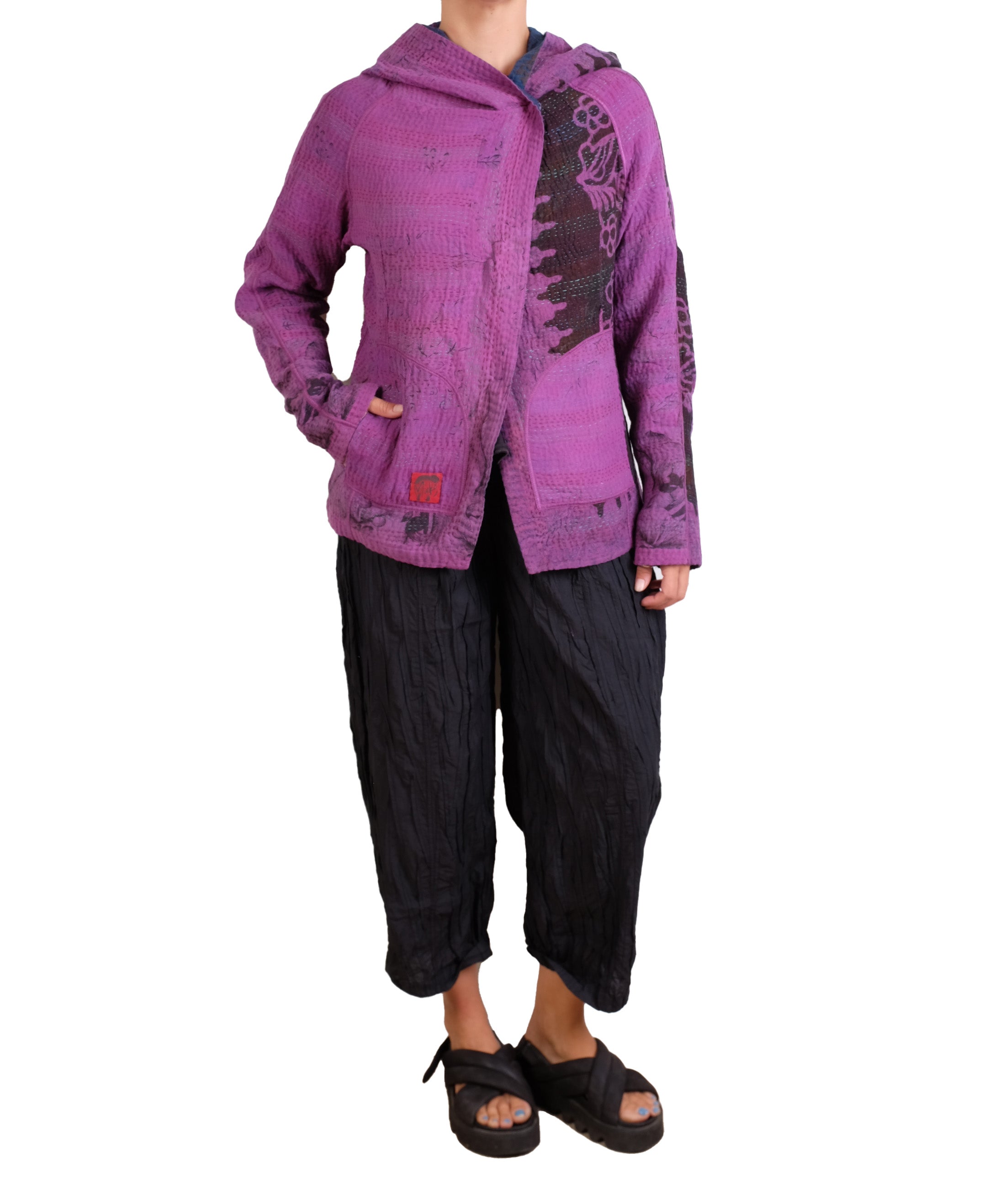 Mieko Mintz Navy & Purple Cotton Overdye Kantha Hoodie Jacket