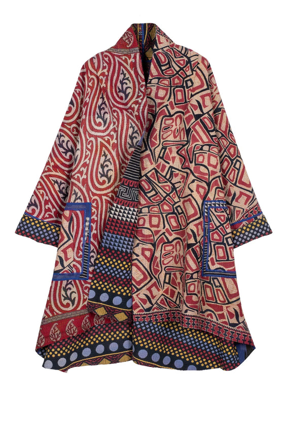 Mieko Mintz Vintage Kantha Kimono Long Jacket Red/Black/Blue