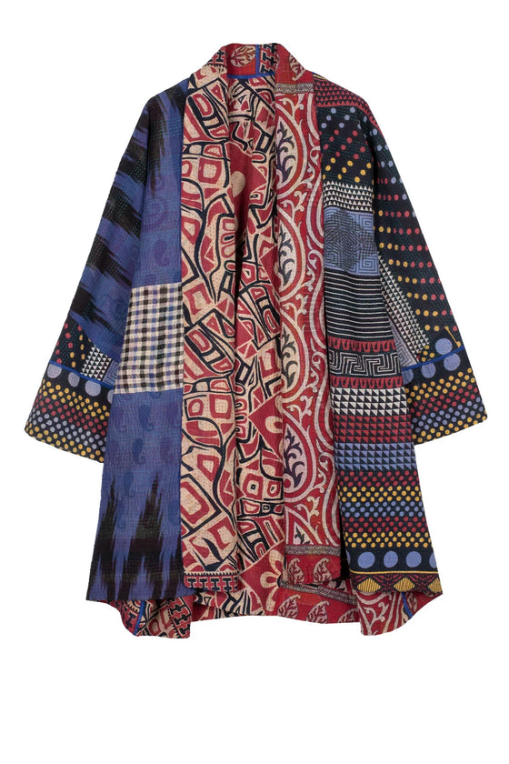 Mieko Mintz Vintage Kantha Kimono Long Jacket Red/Black/Blue