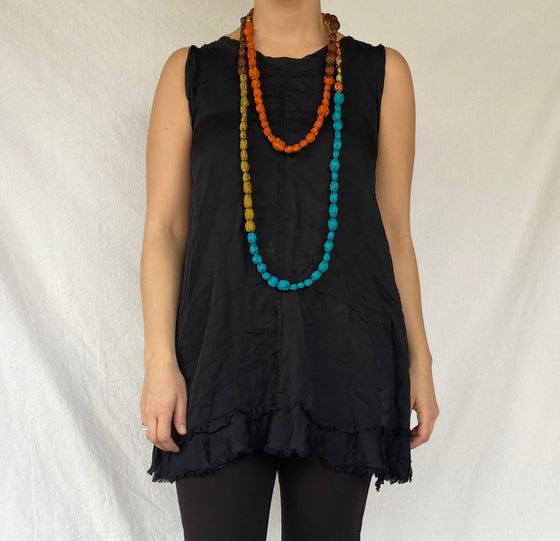 Mieko Mintz Jacquard Silk Kantha Tie Beads in Green/Orange/Teal